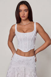 Embellished Lace Up Corset Top in White