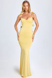Slinky Jersey Floral Appliqué Gown in Pastel Yellow