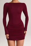 Modal Boat Neck Draped Long Sleeve Mini Dress in Wine
