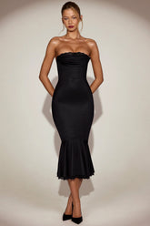 Satin Lace Trim Bandeau Fluted Midaxi Dress in Black