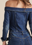 Off The Shoulder Denim Jumpsuit Dark Wash