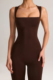 Modal Square Neck Bodycon Capri Jumpsuit in Chocolate Brown