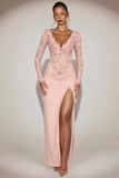 Lace Scalloped Plunge Neck Maxi Dress in Pink