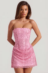 Embellished Draped Strapless A Line Mini Dress in Pink