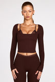 Ribbed Modal Long Sleeve Laced Bra Top in Chocolate Brown
