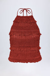 Ruffled High Neck Backless Top in Burnt Red