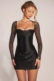 Embellished Long Sleeve Draped Mini Dress in Black