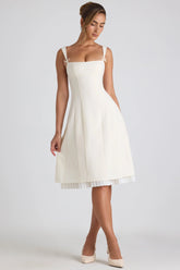 Bow Detail Pleated A Line Midi Dress in Ivory