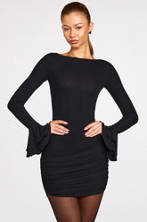 Ribbed Modal Long Sleeve Draped Mini Dress in Black