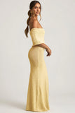 Bouclé Off Shoulder Maxi Dress in Yellow