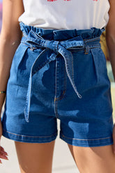 Whats New Dark Wash Paperbag Waist Belted Denim Shorts