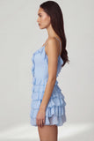 Ruffled Lace Up A Line Mini Dress in Powder Blue