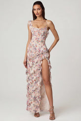 Asymmetric Ruffled Lace Up Gown in Primrose Floral Print