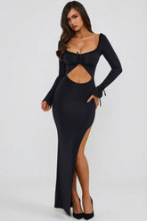 Ruffle Trim Cut Out Maxi Dress in Black