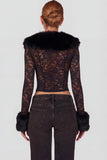 Sheer Lace Faux Fur Trim Cardigan in Black