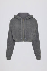 Terry Cotton Zip Up Cropped Hoodie in Dark Grey
