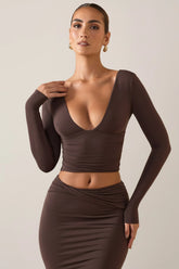 Modal Plunge Long Sleeve Top in Chocolate Brown