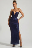 Embellished Strapless Plunge Gown in Navy