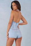 Button Down Halterneck Playsuit in Light Denim