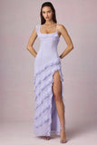 Asymmetric Ruffled Lace Up Gown in Lilac