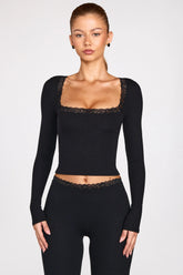 Ribbed Modal Square Neck Long Sleeve Top in Black