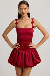 Bow Detail Ruched Bubble Hem Mini Dress in True Red