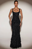 Embellished Appliqué Soft Scoop Corset Gown in Black
