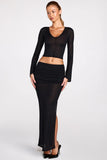 Sheer Jersey Low Rise Draped Maxi Skirt in Black