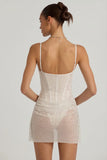 Semi Sheer Embellished Draped Corset Mini Dress in White