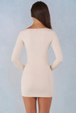 Modal Boat Neck Draped Long Sleeve Mini Dress in Ivory