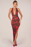 Halterneck Split Hem Midaxi Dress in Rose Leopard Print