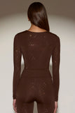 Embellished Crew Neck Long Sleeve Top in Chocolate Brown