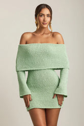 Bouclé Off Shoulder Mini Dress in Mint