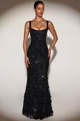 Embellished Appliqué Soft Scoop Corset Gown in Black