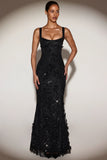 Embellished Appliqué Soft Scoop Corset Gown in Black