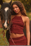 Ruffled High Neck Backless Top in Burnt Red