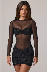 Sheer Embellished High Neck Long Sleeve Mini Dress in Black