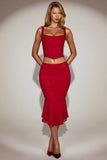 Lace Mid Rise Fluted Midi Skirt in True Red