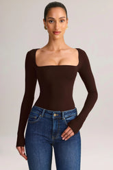 Modal Square Neck Long Sleeve Top in Chocolate Brown