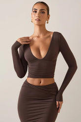 Modal Plunge Long Sleeve Top in Chocolate Brown