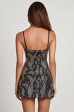 Embellished Cowl Neck A line Mini Dress in Silver Snake