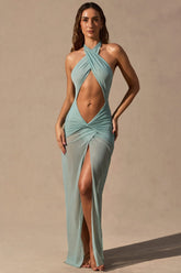 Cut Out Halterneck Maxi Dress in Seafoam Green
