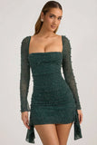 Embellished Cowl Neck Draped Mini Dress in Emerald Green