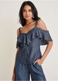 Chambray Ruffle Top Dark Wash