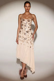 Embellished Soft Scoop Asymmetric Midaxi Dress in Gold