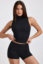Modal Ribbed Mid Rise Foldover Shorts in Black