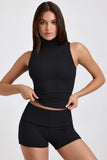Modal Ribbed Mid Rise Foldover Shorts in Black