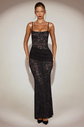 Sheer Lace Square Neck Ruched Gown in Black