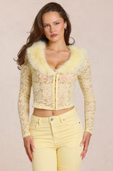 Lace Faux Fur Trim Cardigan in Lemon Yellow