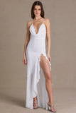 Chiffon Cowl Neck Open Back Gown in Snow